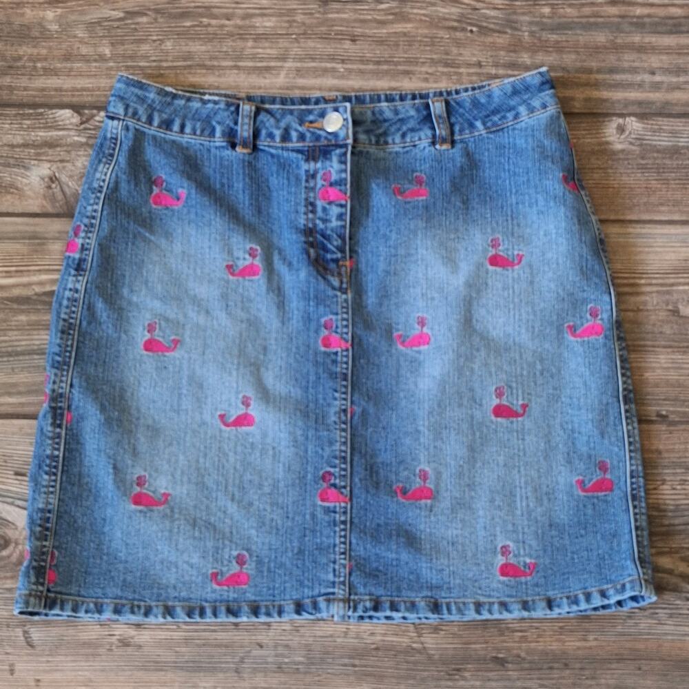 Lilly Pulitzer Women's 6 Pink Whales Embroidered Denim Short Mini Skirt Cute AOP